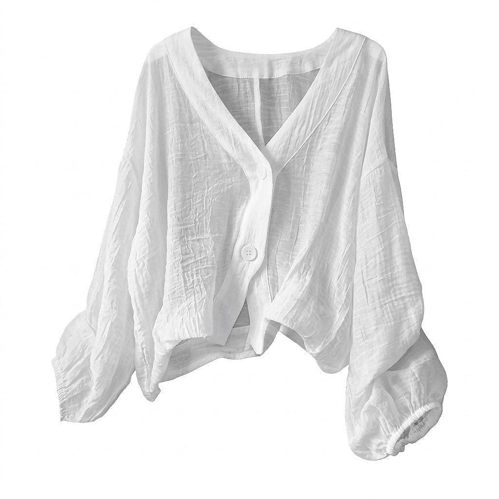 Strukturierte Damenbluse mit V-Ausschnitt und Knöpfen-Blouses for women-Alpenkind