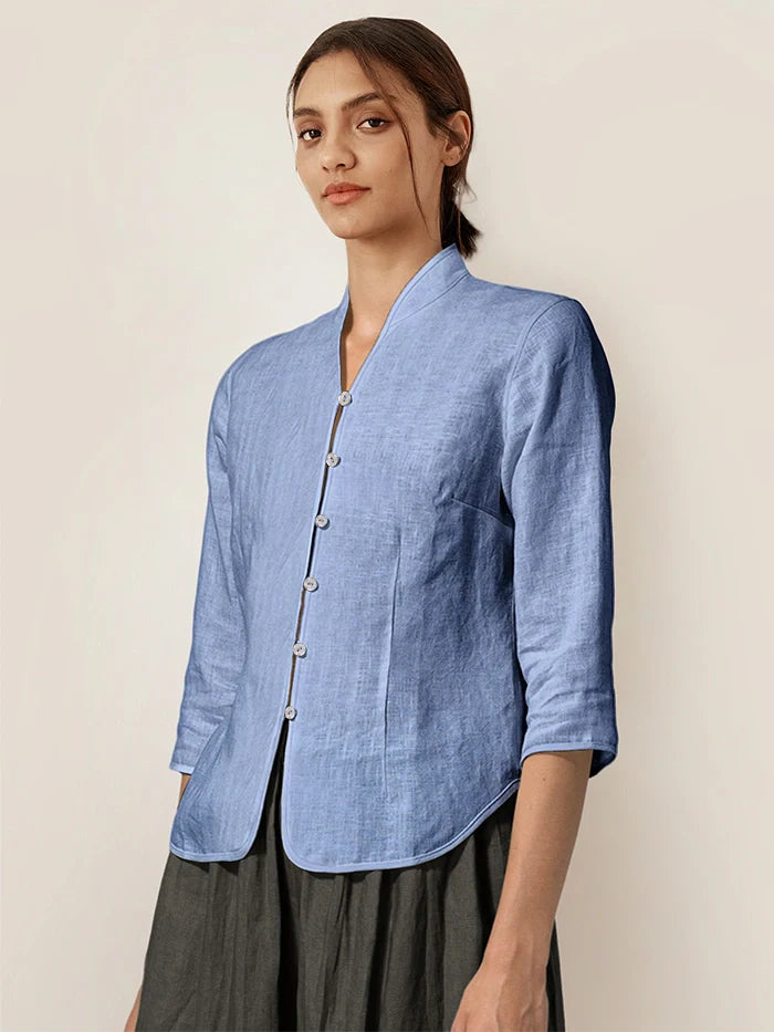 Tailliertes Damen-Leinenhemd mit Stehkragen-Shirts for women-Alpenkind