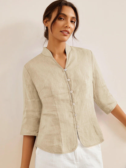 Tailliertes Damen-Leinenhemd mit Stehkragen-Shirts for women-Alpenkind