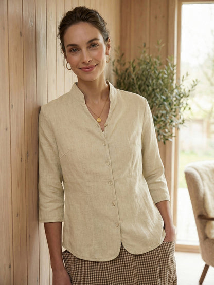 Tailliertes Damen-Leinenhemd mit Stehkragen-Shirts for women-Alpenkind