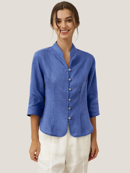 Tailliertes Damen-Leinenhemd mit Stehkragen-Shirts for women-Alpenkind