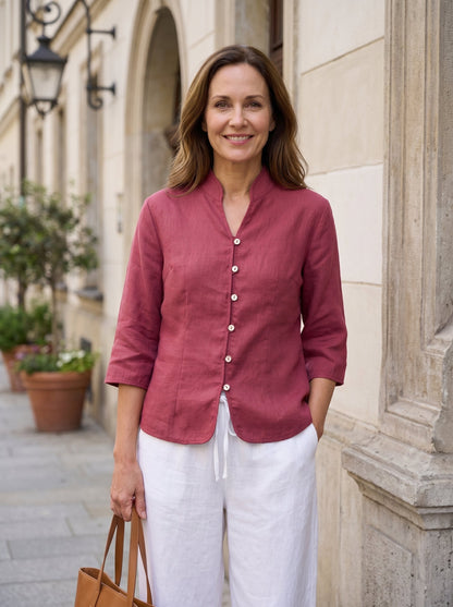 Tailliertes Damen-Leinenhemd mit Stehkragen-Shirts for women-Alpenkind