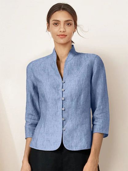 Tailliertes Damen-Leinenhemd mit Stehkragen-Shirts for women-Alpenkind