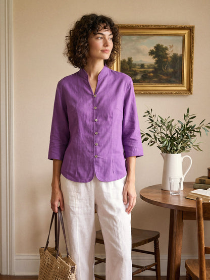 Tailliertes Damen-Leinenhemd mit Stehkragen-Shirts for women-Alpenkind