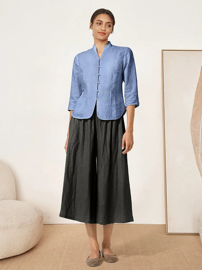 Tailliertes Damen-Leinenhemd mit Stehkragen-Shirts for women-Alpenkind