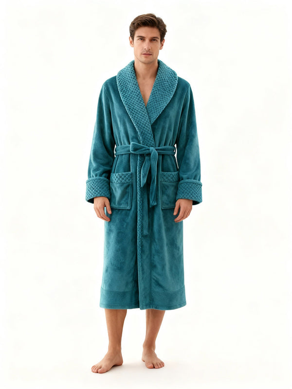 Unisex Bademantel lang mit Gürtel, Schalkragen und aufgesetzten Taschen-unisex-Alpenkind