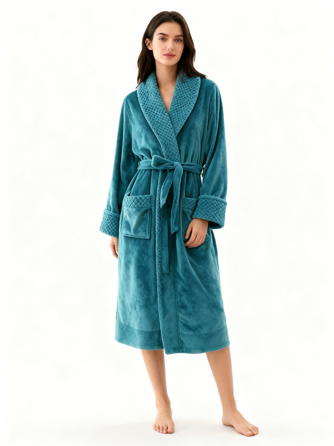 Unisex Bademantel lang mit Gürtel, Schalkragen und aufgesetzten Taschen-unisex-Alpenkind
