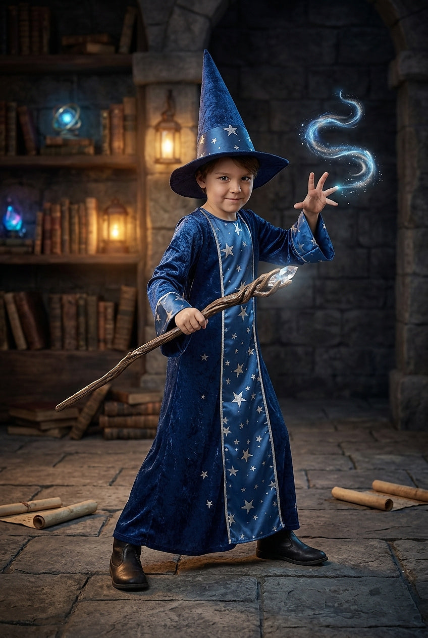 Unisex Zaubererkostüm mit Sternenmuster und Hut-Halloween-Alpenkind