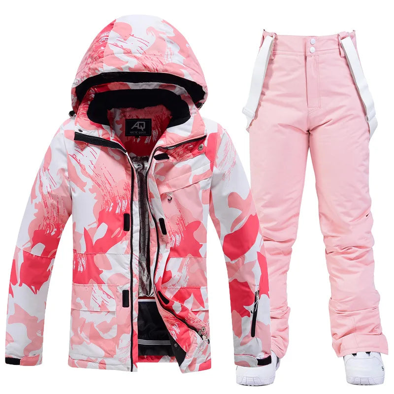 Zweiteiliger Damen-Skianzug mit Kapuze und Latzhose-Sets for women-Alpenkind