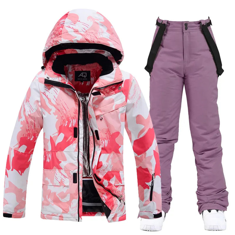 Zweiteiliger Damen-Skianzug mit Kapuze und Latzhose-Sets for women-Alpenkind