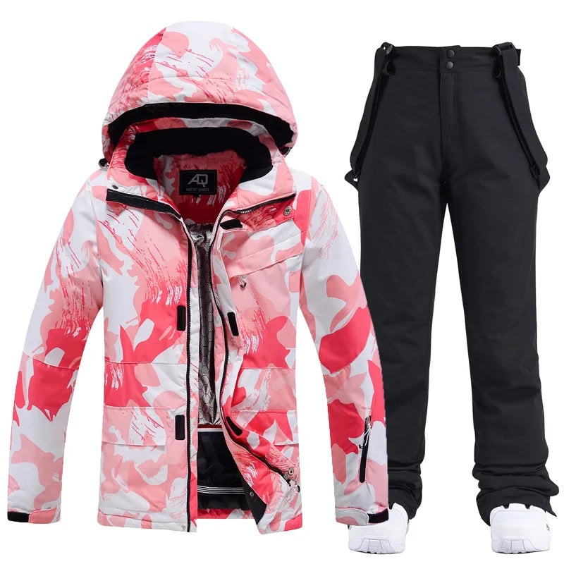 Zweiteiliger Damen-Skianzug mit Kapuze und Latzhose-Sets for women-Alpenkind